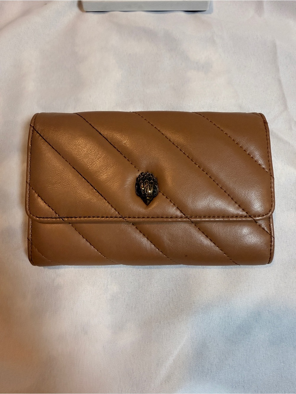 Kurt Geiger Quilted Flap Wallet in Tan with Metal Emblem